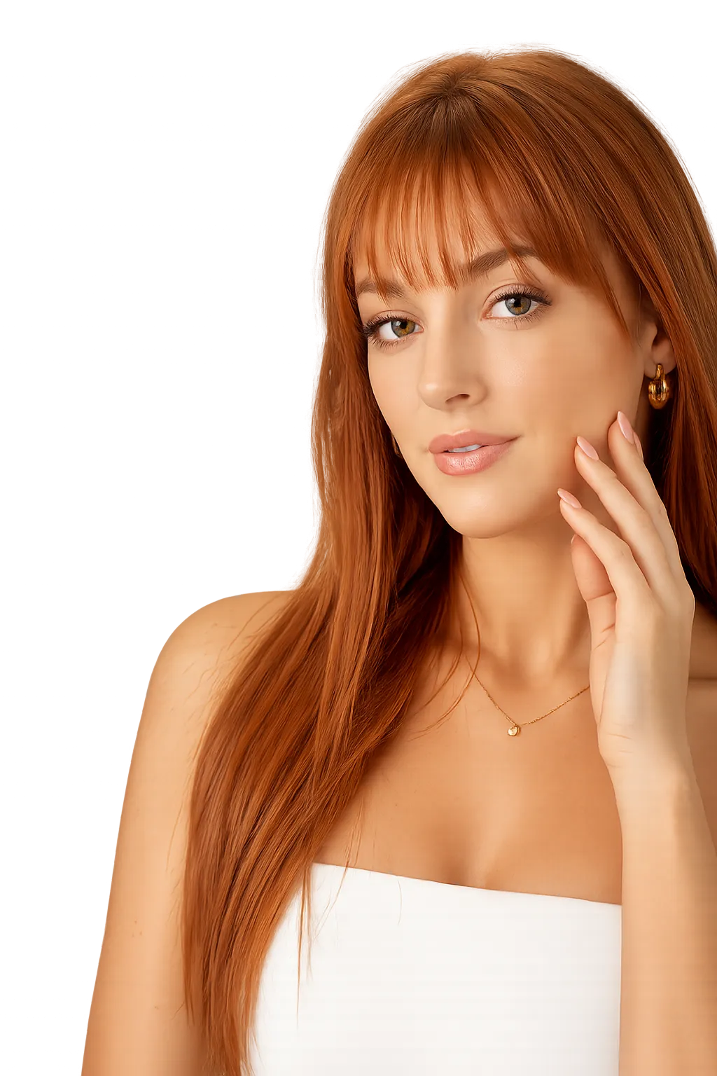 A woman with long straight auburn hair and a blunt fringe, in a white strapless top with a gold hoop earring and a fine gold chain, one hand raised to her cheek showing long almond nails in sheer milky pink