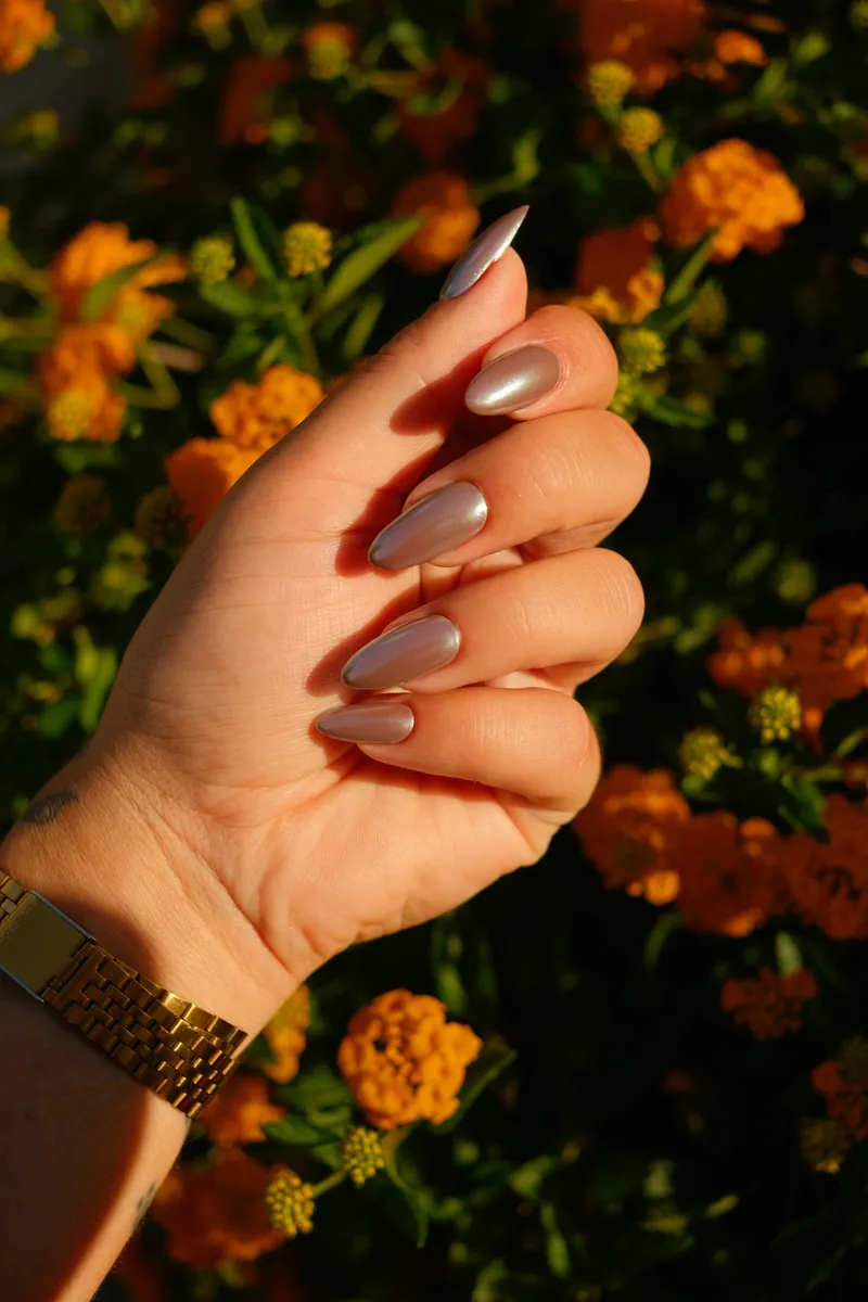 A hand with long almond nails in pearl-grey chrome and a gold watch at the wrist, held up against a bed of orange marigolds in low sun